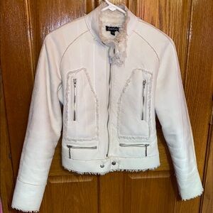 Bebe White Teddy Jacket with Stand-Up Collar